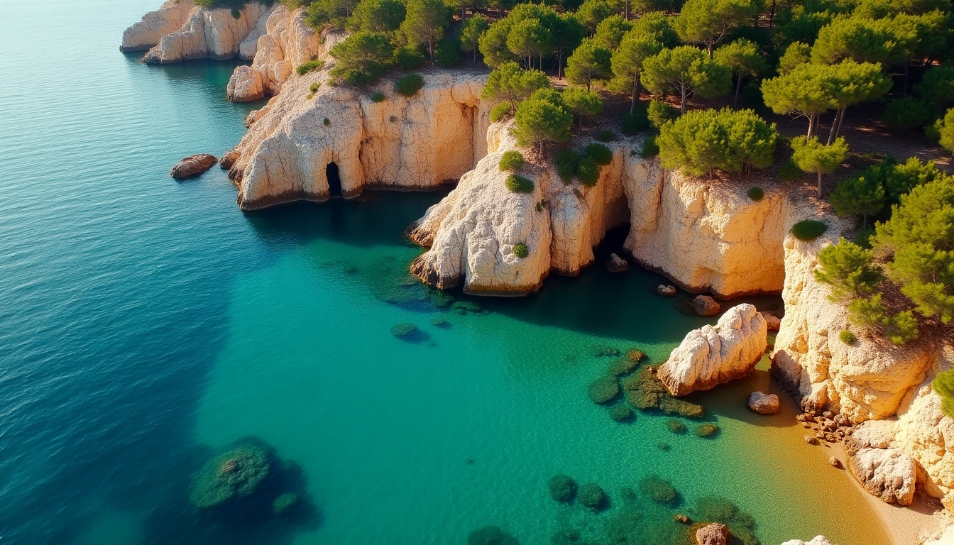 Mallorca coastal cove with teal water and limestone cliffs