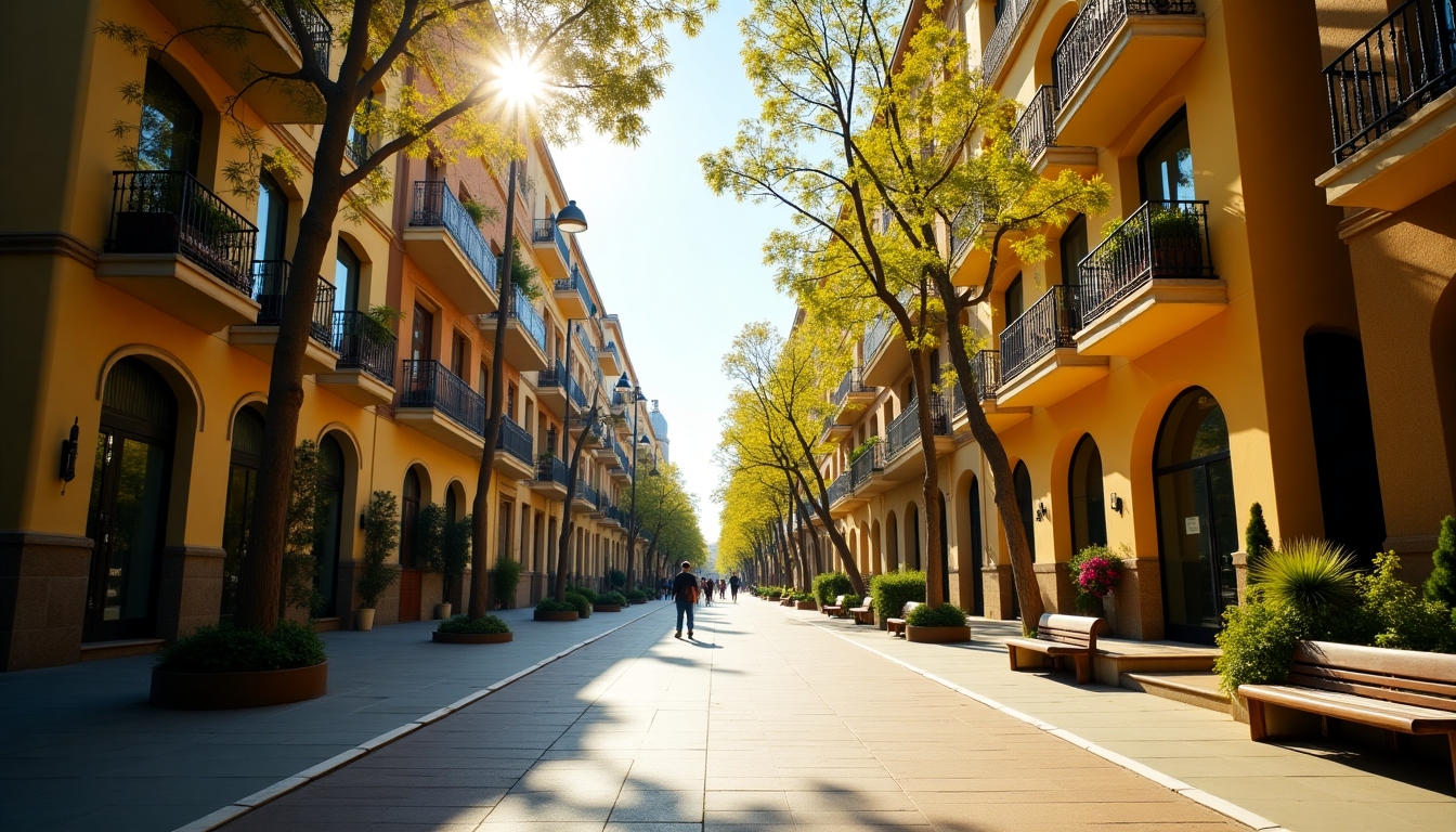 Cinematic view of Barcelona with modernist architecture, warm sunlight, deep blue shadows, and yellow-green accents in foliage
