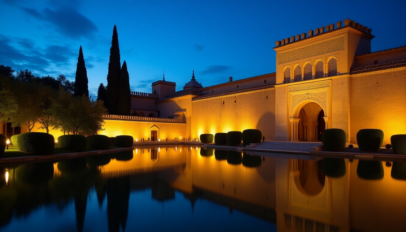 Alhambra palace in Granada with warm sandstone hues, deep blue twilight, and yellow-green garden accents, cinematic atmosphere