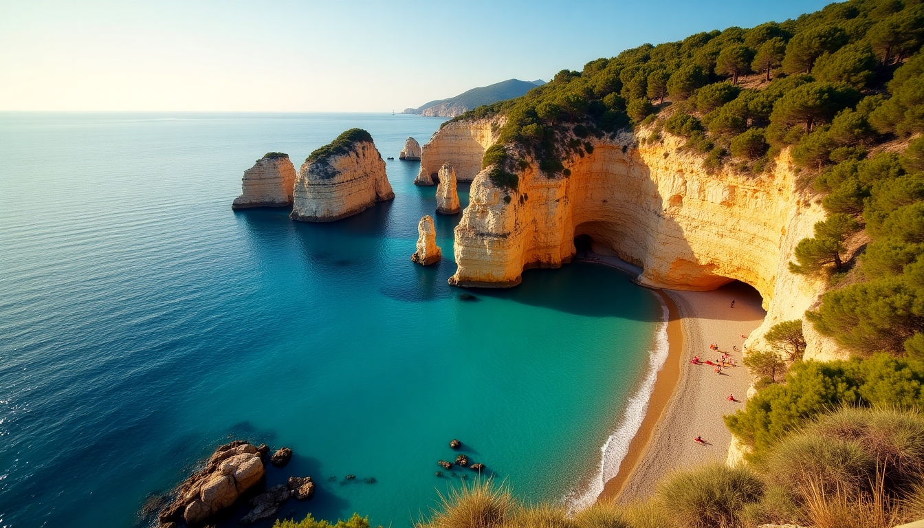Mallorca coastal cove with turquoise water, warm sunlit cliffs, deep blue horizon, and yellow-green vegetation accents