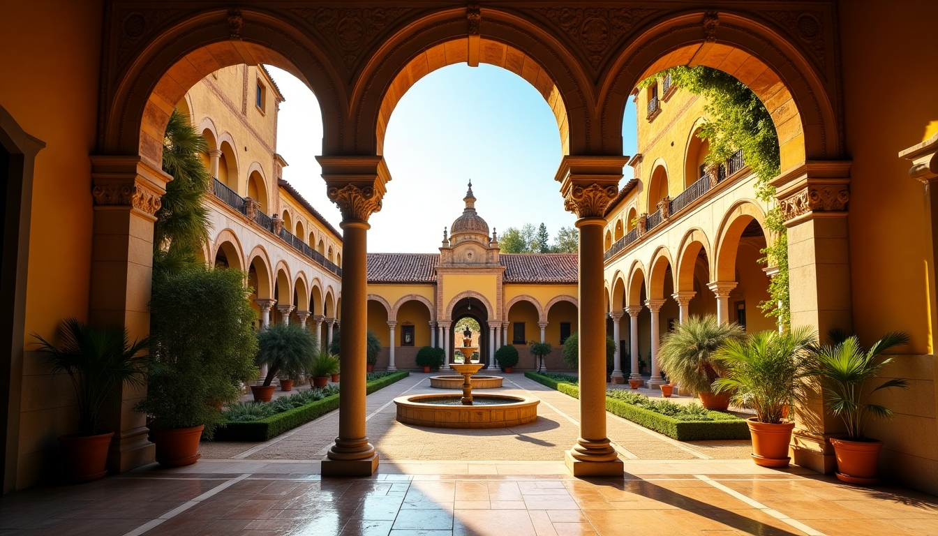 Golden hour scene of Seville with ornate palace arches, warm amber tones, deep blue sky, and yellow-green accents