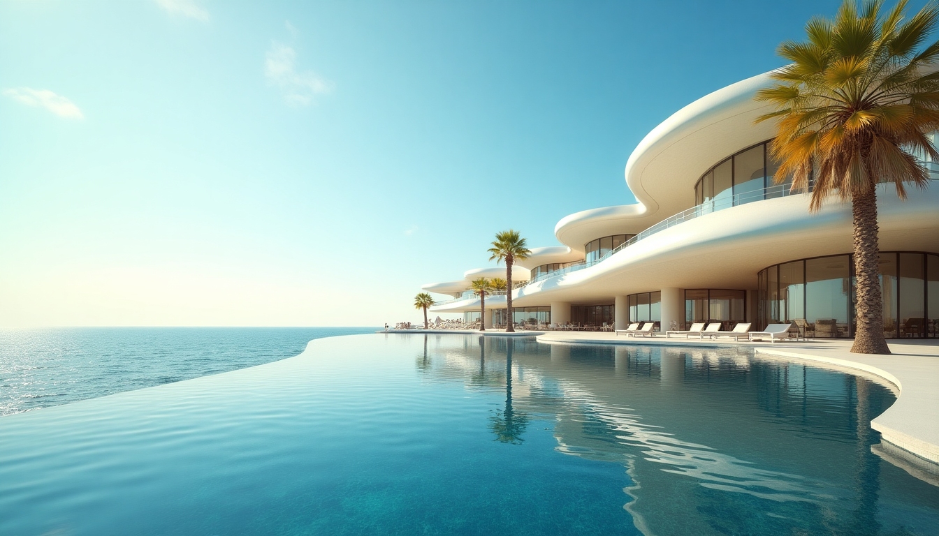 Valencia waterfront and modern architecture with warm sunlit tones, deep blue sea, and yellow-green accents in palms