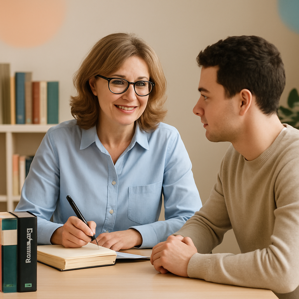 Formatrice accompagnant individuellement un stagiaire, carnet et stylo en main