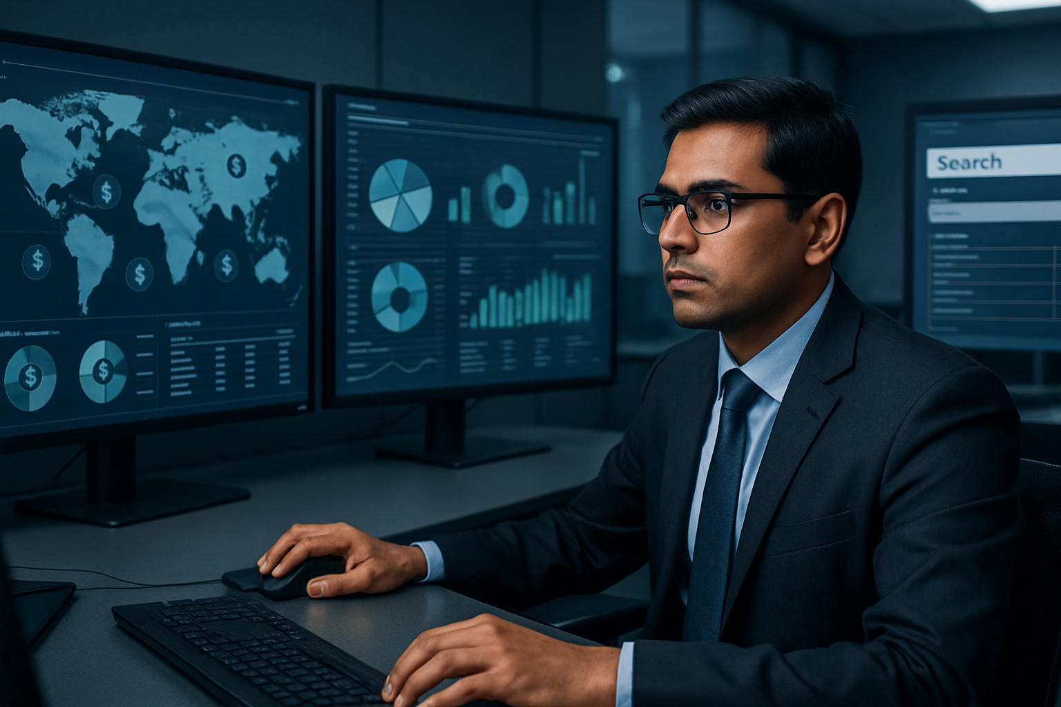 Indian analyst conducting international asset tracing with multi-currency dashboards and secure registry searches, screens showing no readable text