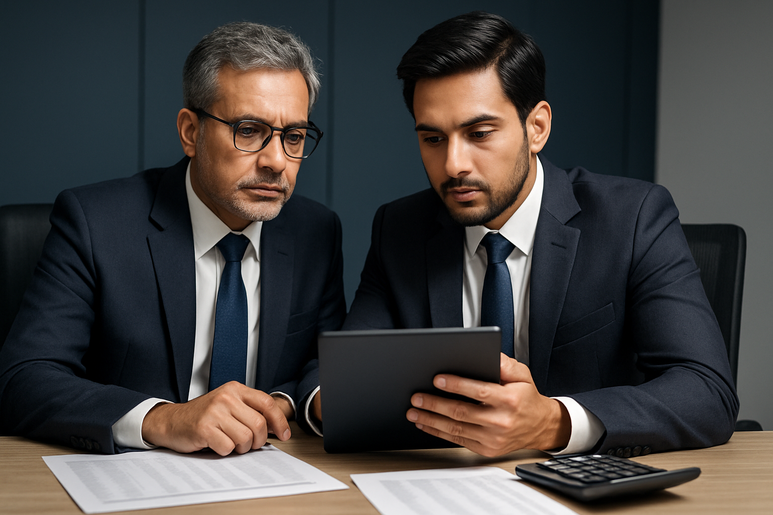 Two Indian finance professionals reviewing a recovery status report on a tablet with printed ledgers and a calculator on a clean conference table, premium corporate lighting, no readable text visible