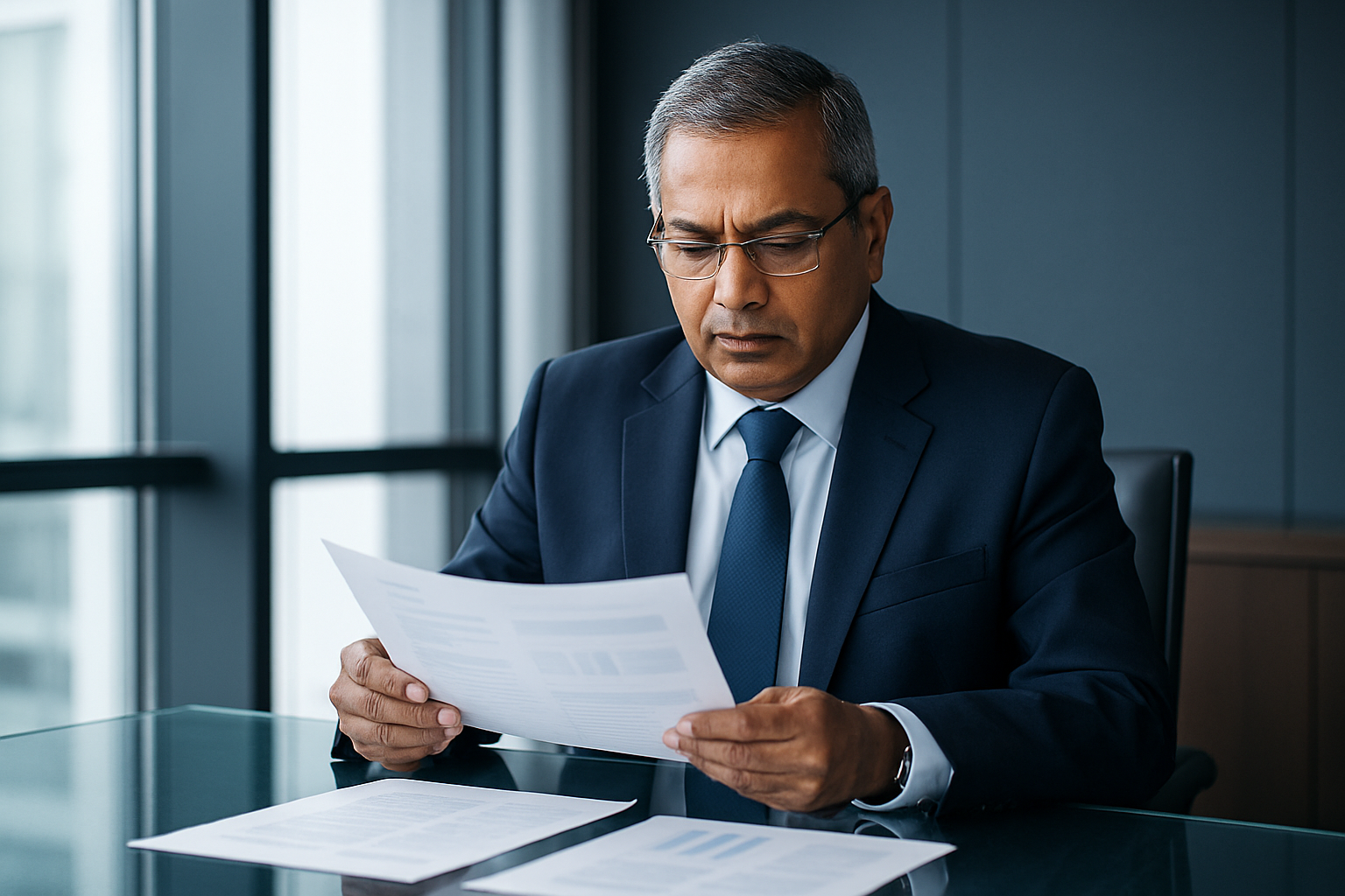 Indian senior compliance officer in a dark navy suit reviewing printed financial documents beside a glass conference table in a premium office, soft daylight, no readable text visible