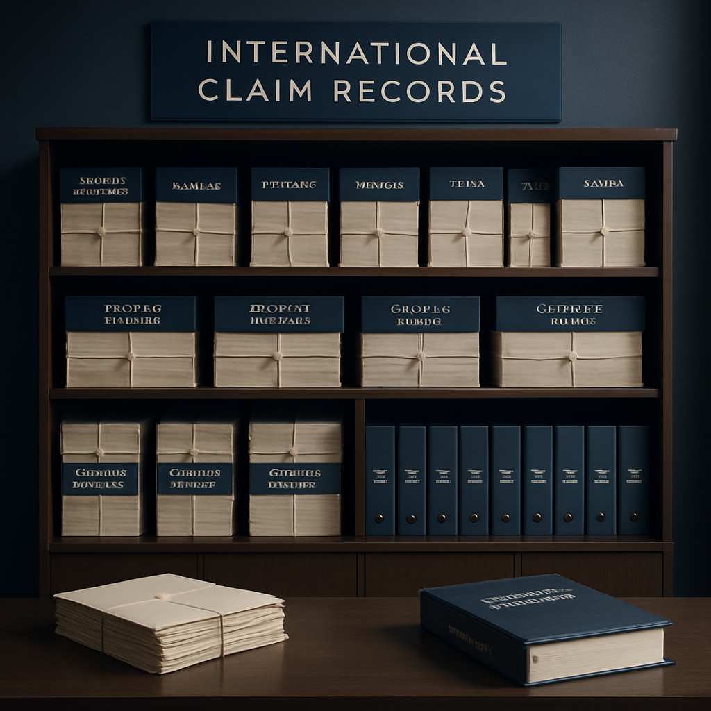 Orderly records room with labeled case files, secure cabinets, and a compliance checklist on a desk under soft ambient lighting