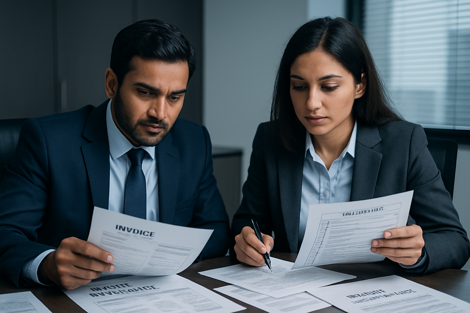 Indian finance professionals reviewing export receivable files with shipping invoices and compliance checklists, papers visible but text not readable