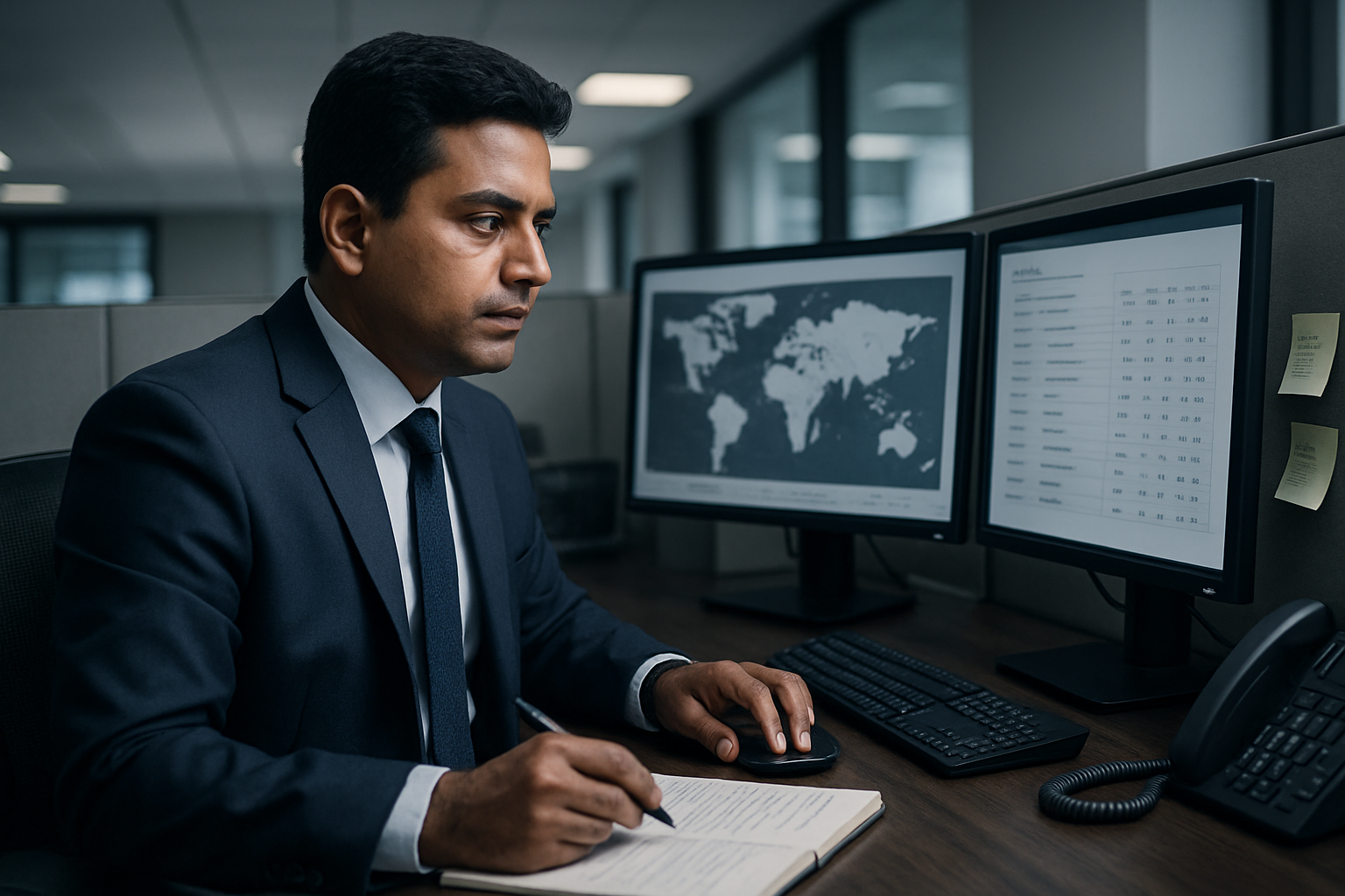 Indian operations lead coordinating global recovery with a workstation of multilingual call notes and time-zone planning, screens with no readable text