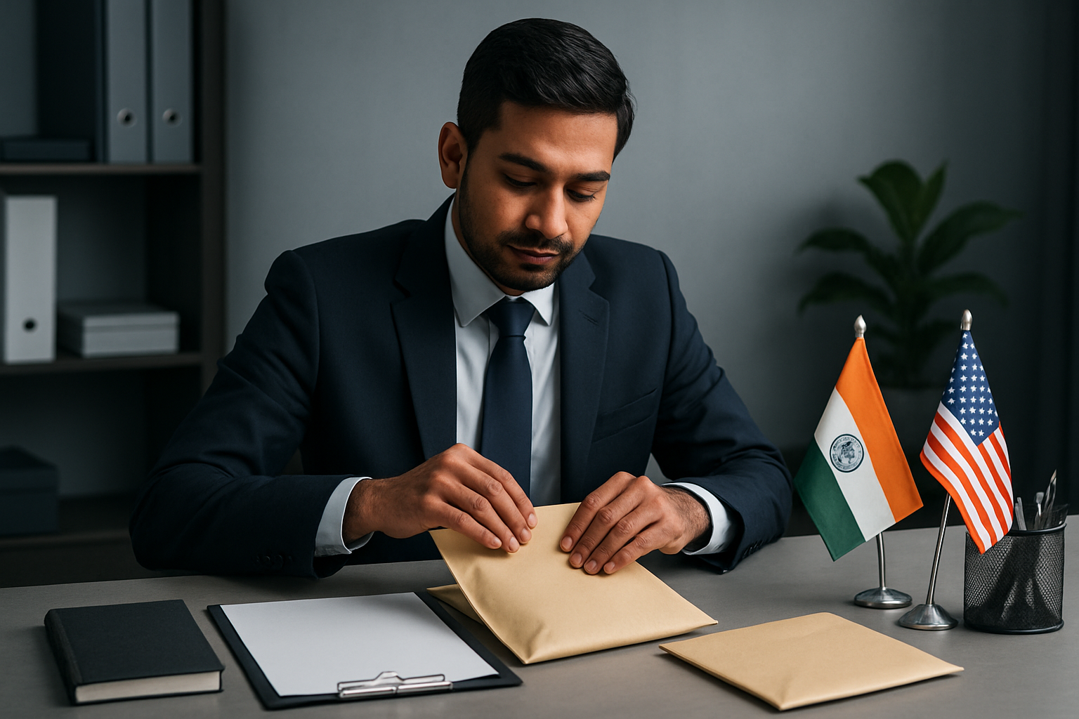 Indian professional preparing sealed overseas notice packets with clean stationery and country flags, no visible written text
