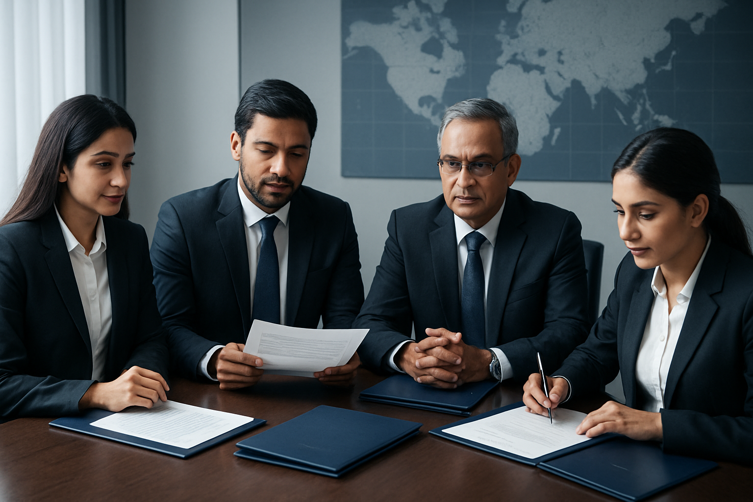 Indian legal team in a corporate boardroom reviewing international contracts and a world map reference, documents present with no legible text