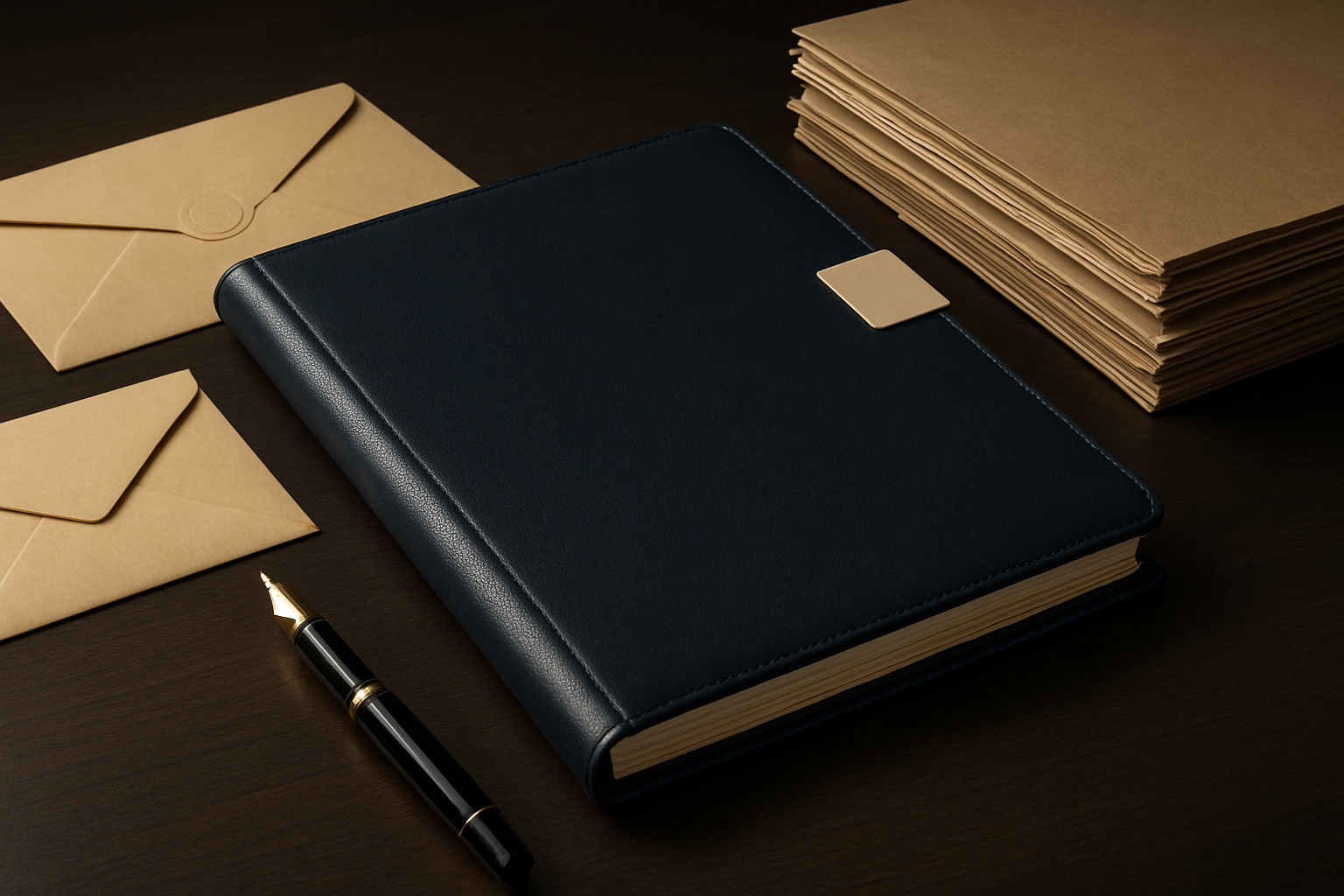 Leather-bound legal dossier with minimal blank tab, sealed envelopes, and a fountain pen on a dark executive desk, warm directional light, no readable text visible