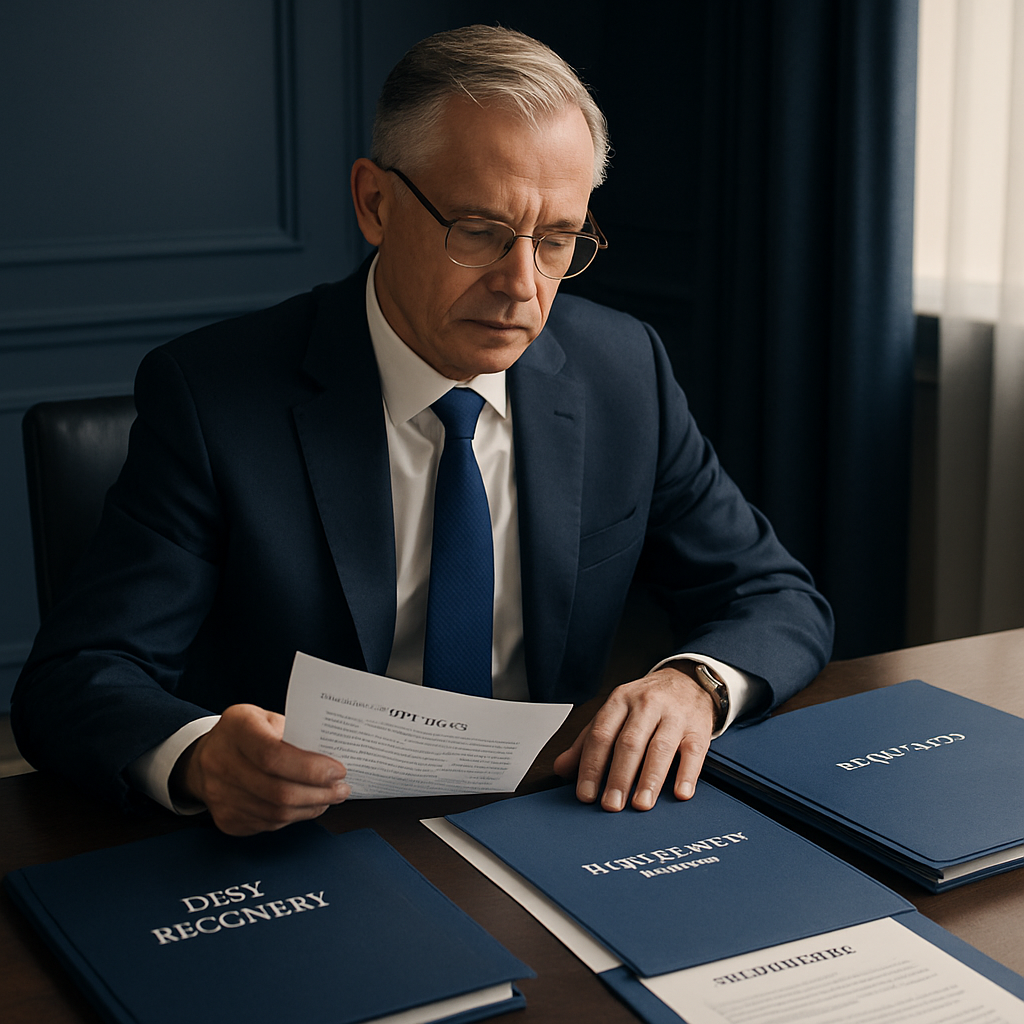 Senior legal executive reviewing recovery documents in a refined boardroom with dark wood table, neutral lighting, and disciplined corporate atmosphere