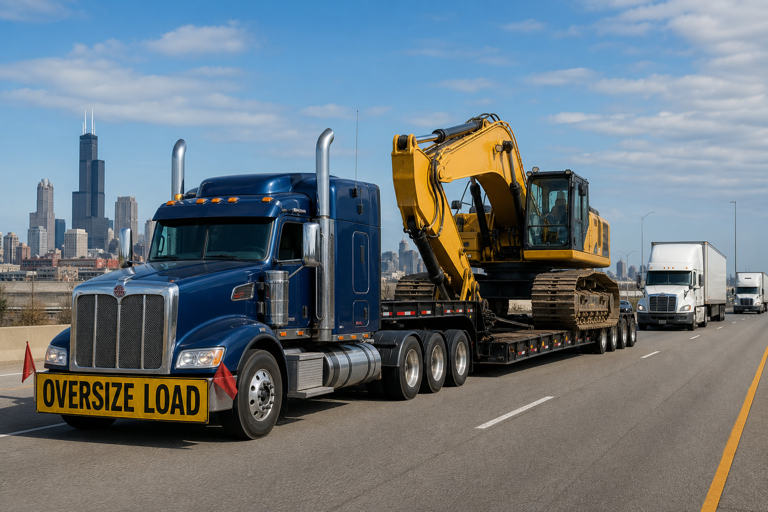 Heavy haul semi-truck transporting construction equipment on a lowboy trailer along a U.S. highway with freight vehicles in motion
