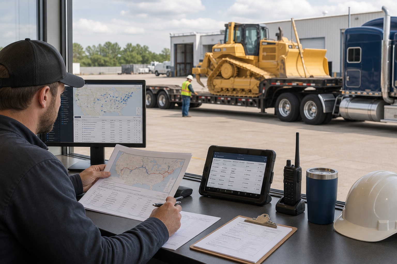 Operations team planning an equipment transport route with a heavy-haul trailer loading at an industrial yard