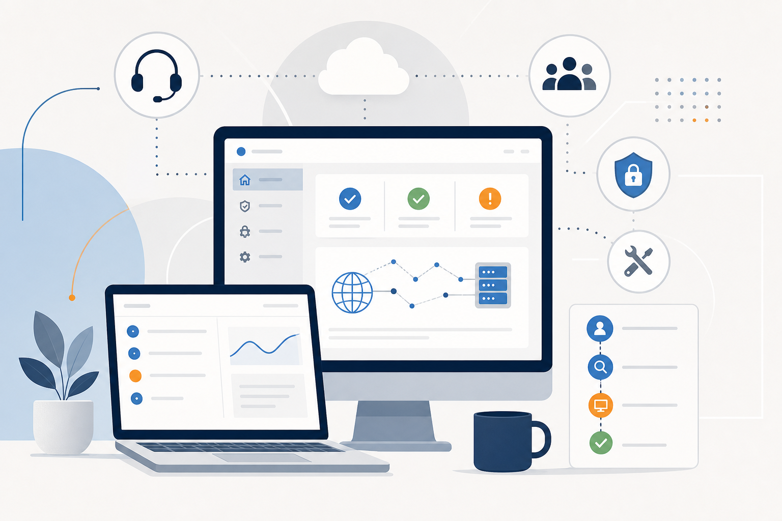 Abstract professional IT support dashboard illustration with device screens, status charts, and connected support workflow icons