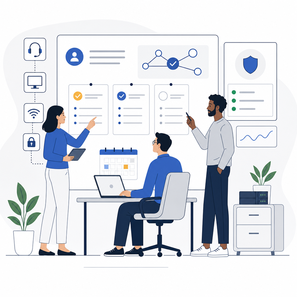Clean line-and-shape illustration of a support team organizing tasks, monitoring systems, and planning IT priorities on a shared board