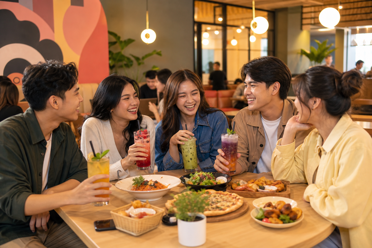 Youthful cafe hangout with friends, colorful drinks, shared food, warm lighting, and a lively social vibe