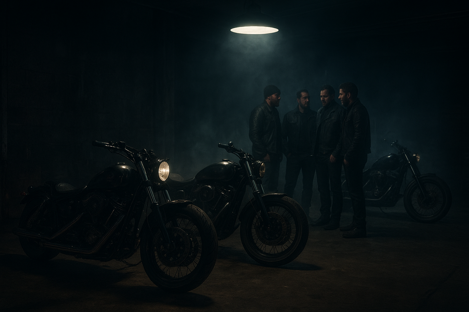 Nighttime garage with rugged custom motorcycles, chrome details, and a group of riders standing together under industrial lighting