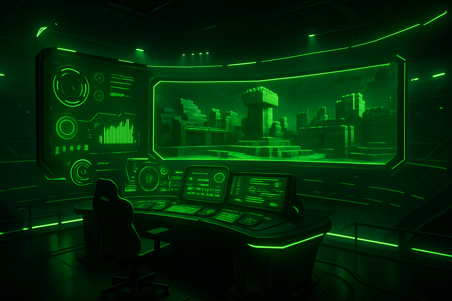 Futuristic esports command center with neon green lighting, holographic HUD elements, and a Minecraft-inspired arena on large screens
