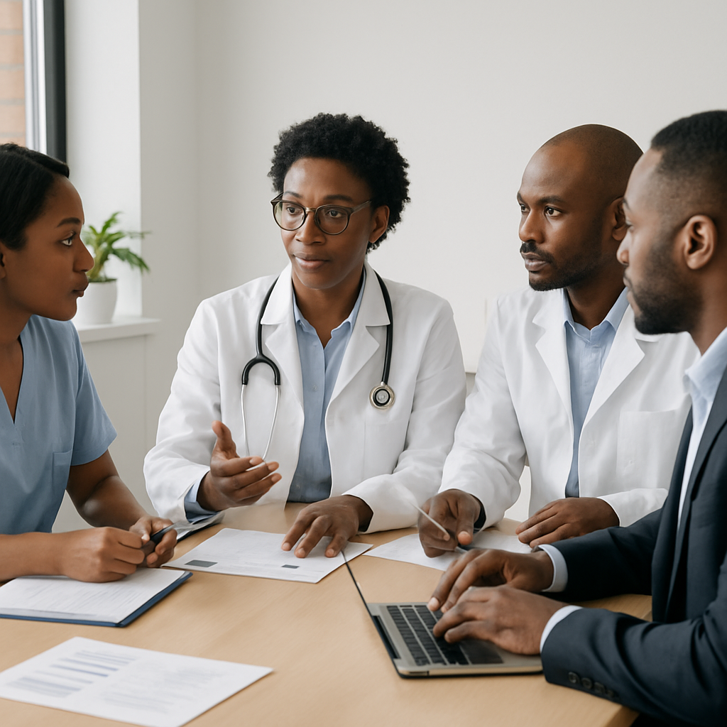 Calm healthcare team collaborating around a table in a bright clinic office