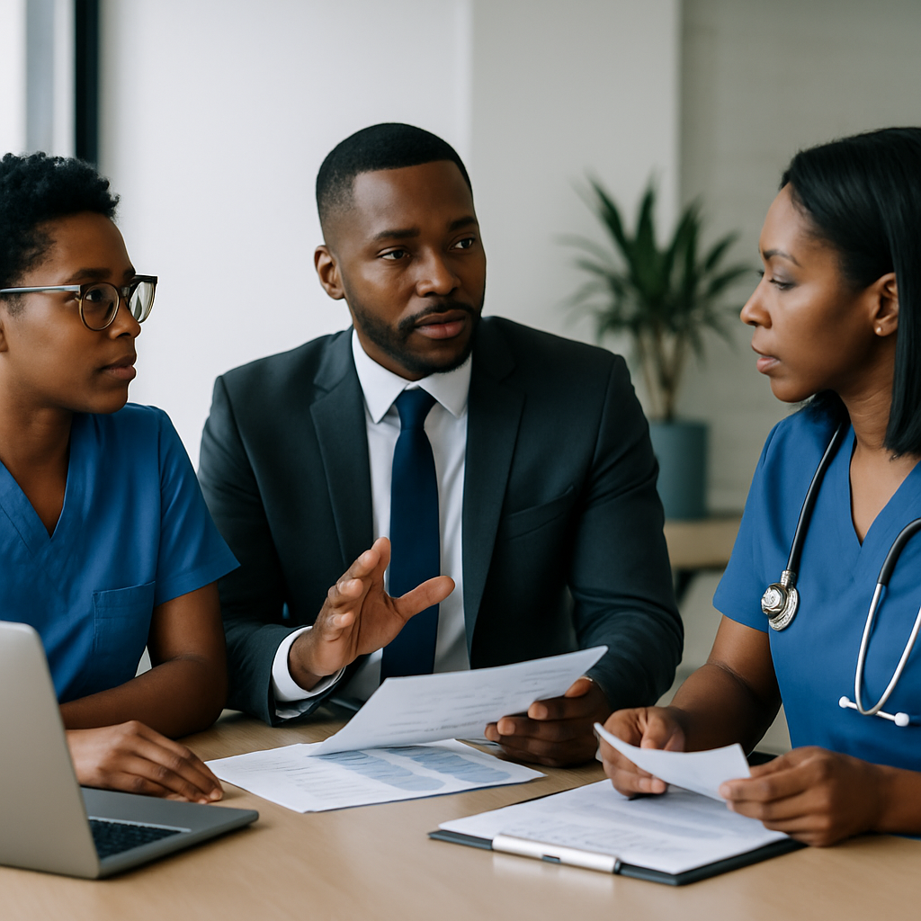 Healthcare professionals reviewing service plans together at a conference table in a modern office