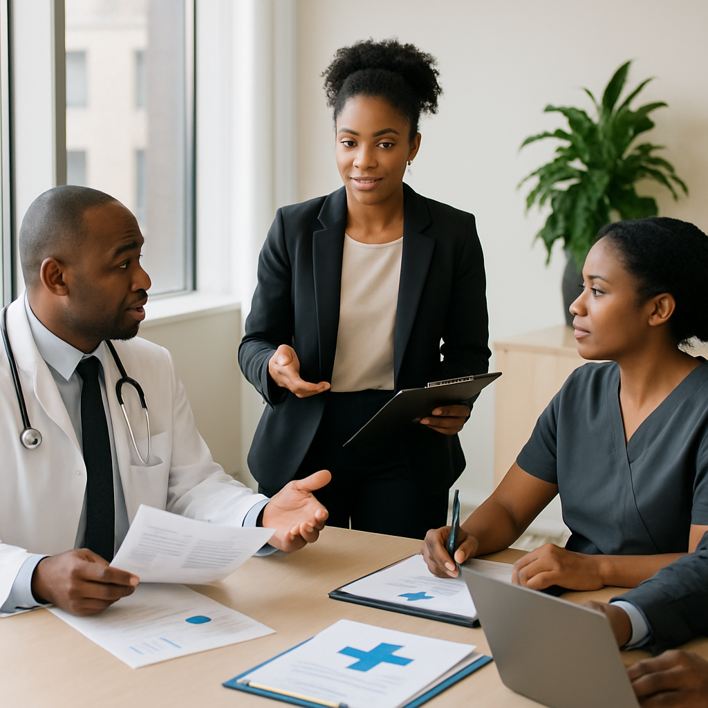 Healthcare leadership and care-service planning discussion in a modern professional office