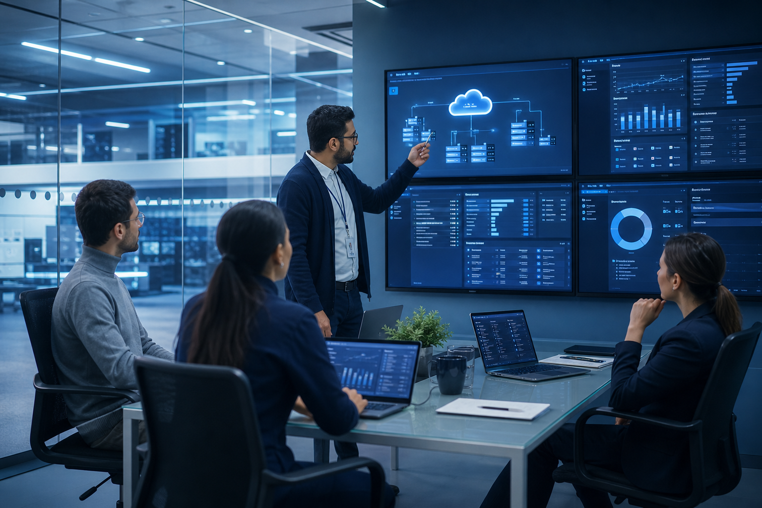 Modern IT team collaborating around secure cloud infrastructure dashboards in a blue-toned office