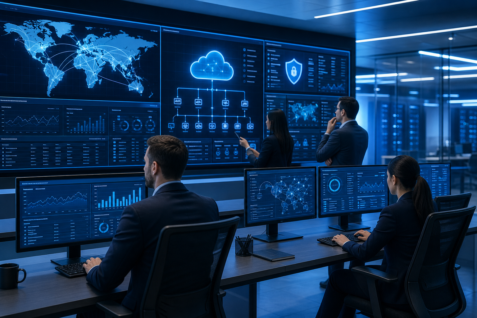Modern IT operations command center with blue dashboards and analysts monitoring cybersecurity and cloud infrastructure
