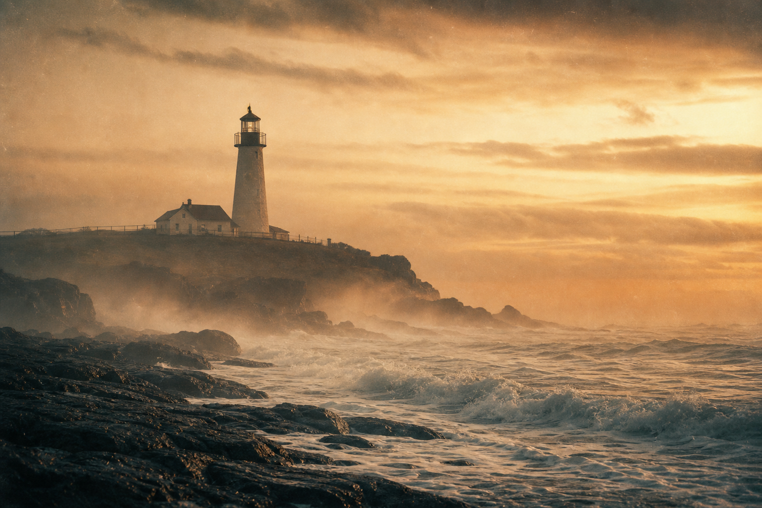 Atmospheric coastal lighthouse rising through sea haze near a rugged shoreline, with soft golden dusk light and gentle waves in a warm film-photo mood