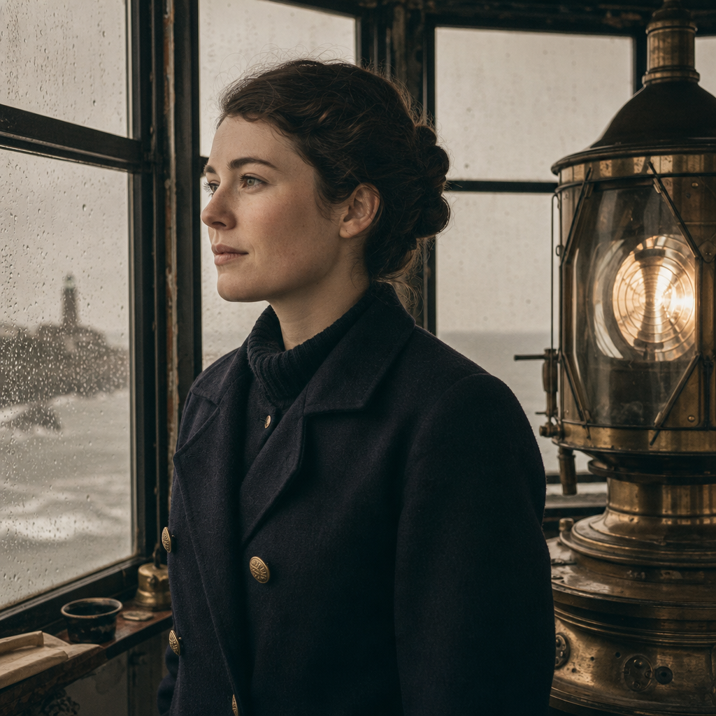 Archival-style portrait of Elsie Warren, a young lighthouse keeper in a dark wool coat beside a lantern room window