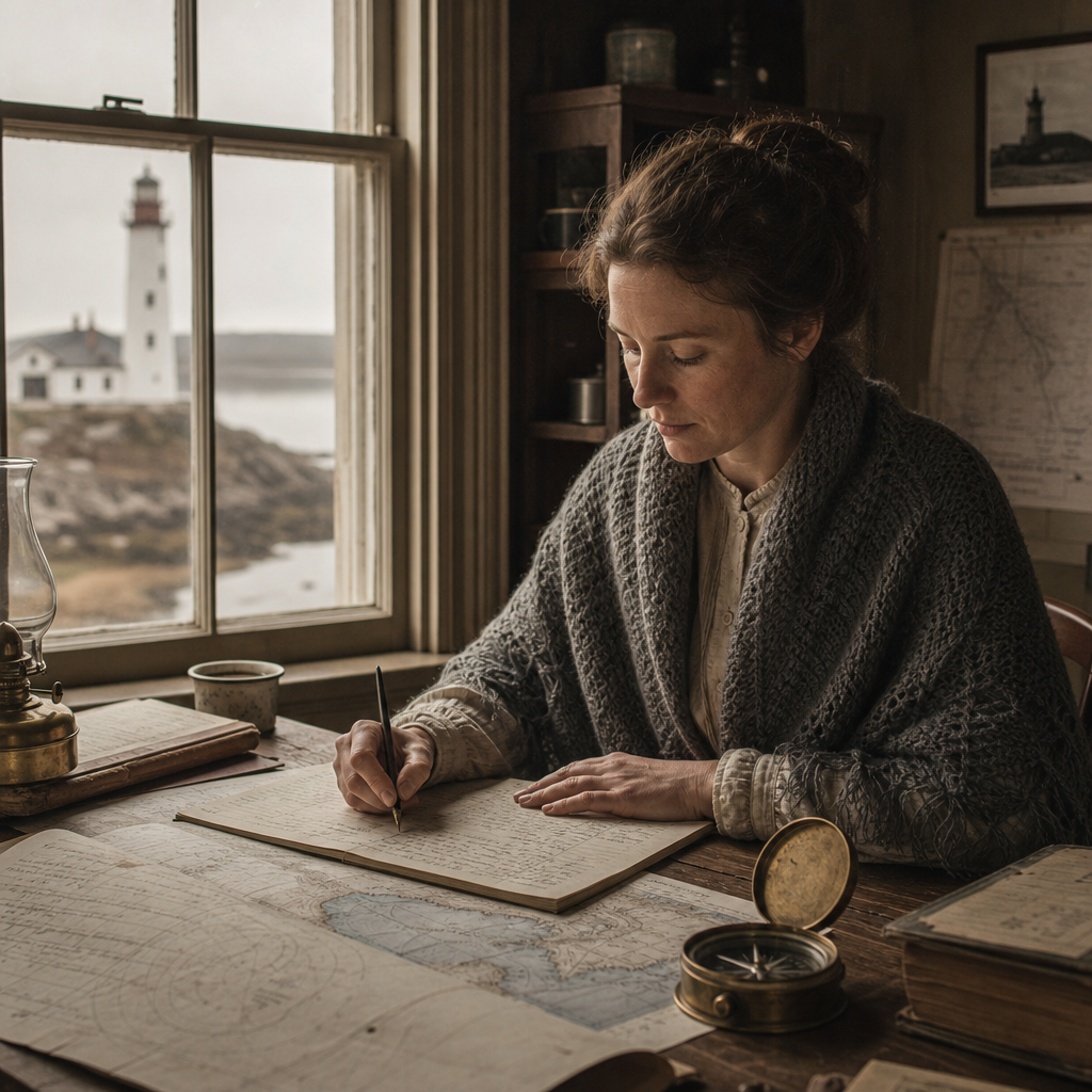 Archival-style portrait of Mara Doyle in a knitted shawl writing at a wooden desk with tide charts and a brass compass