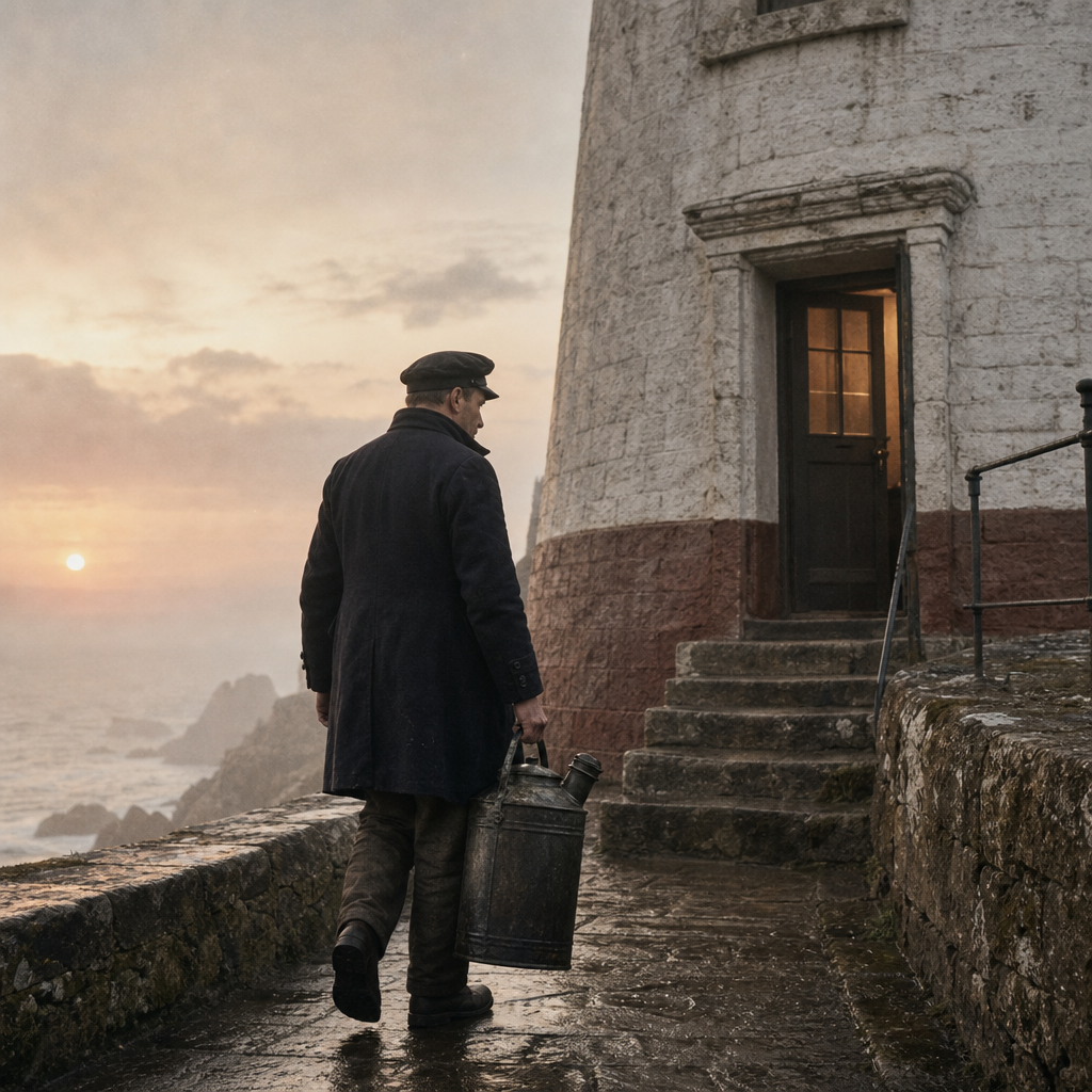 Archival-style scene of Thomas Bell carrying a kerosene can along a wet stone path near a lighthouse door at dawn