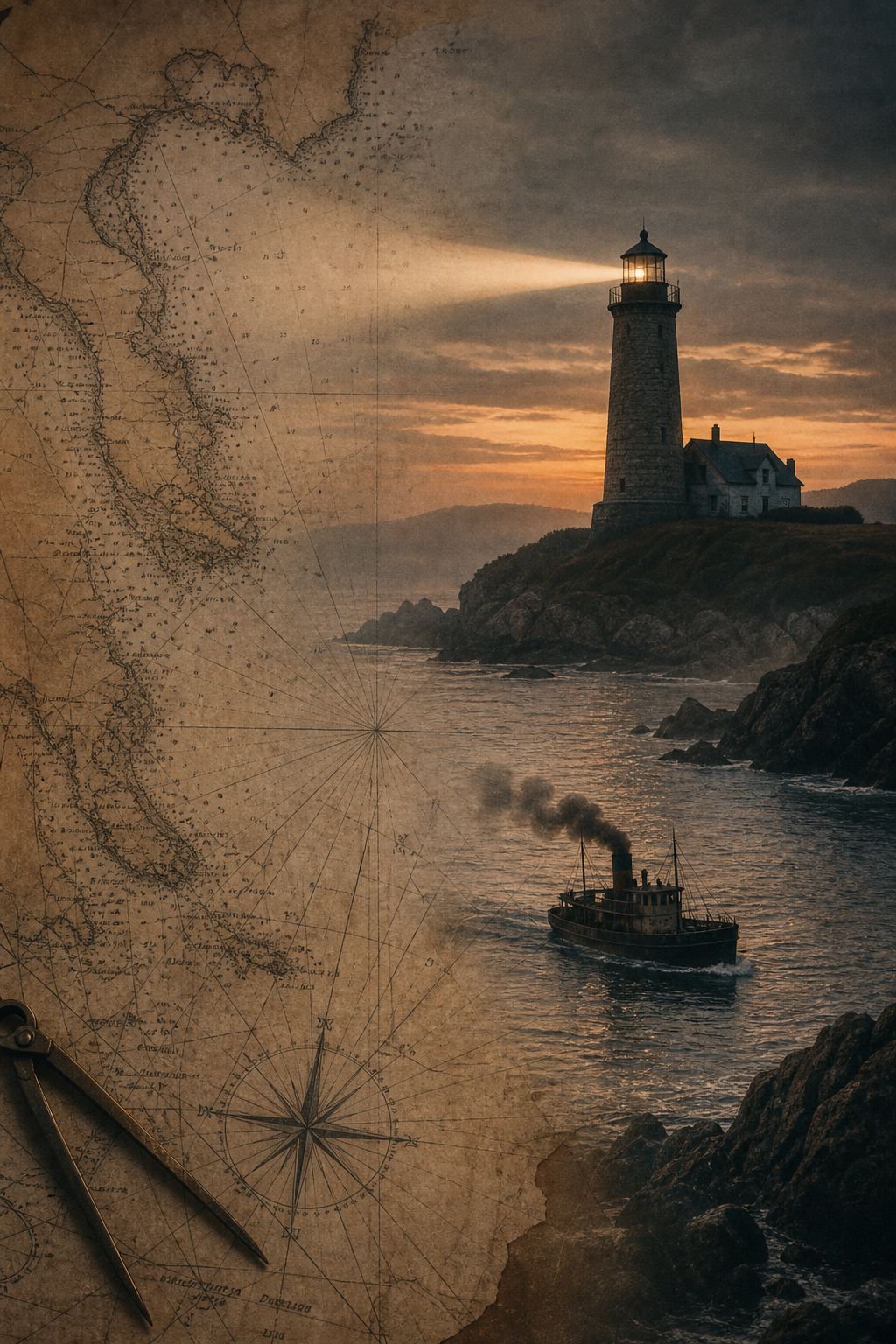 Archival shoreline chart with a lighthouse beam guiding a small steam vessel past rocky inlets at dusk