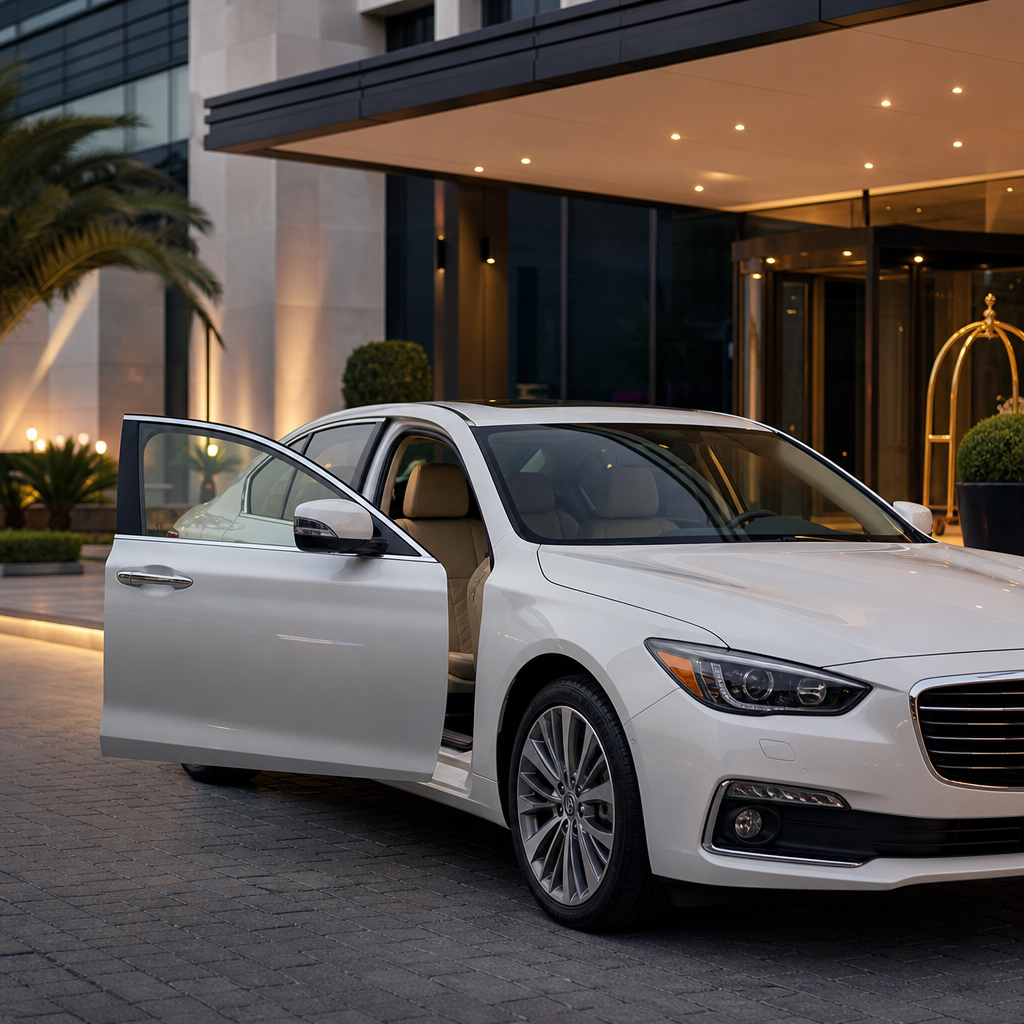 Pearl white comfort sedan with leather interior visible through open door