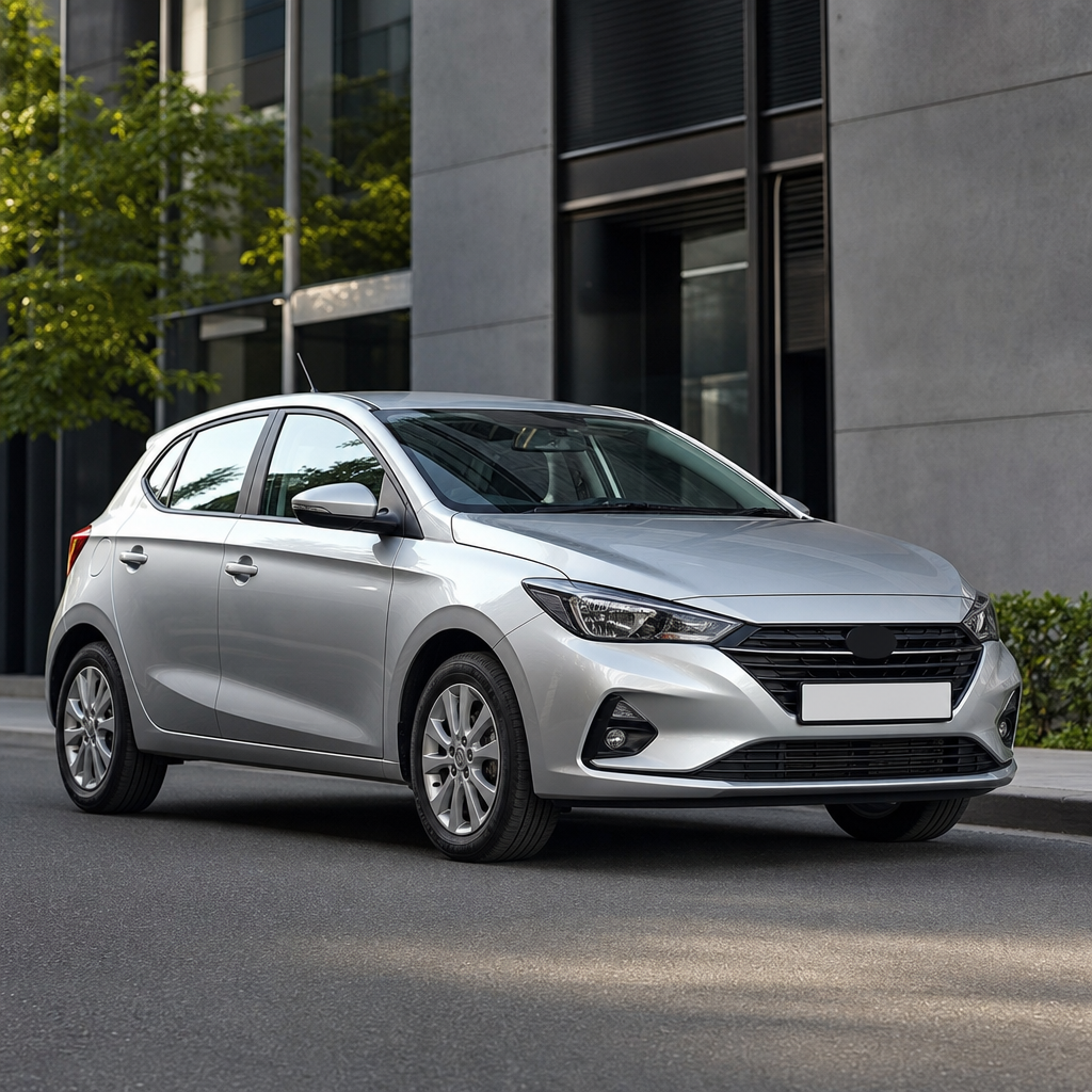 Compact silver hatchback economy car parked on a clean city street