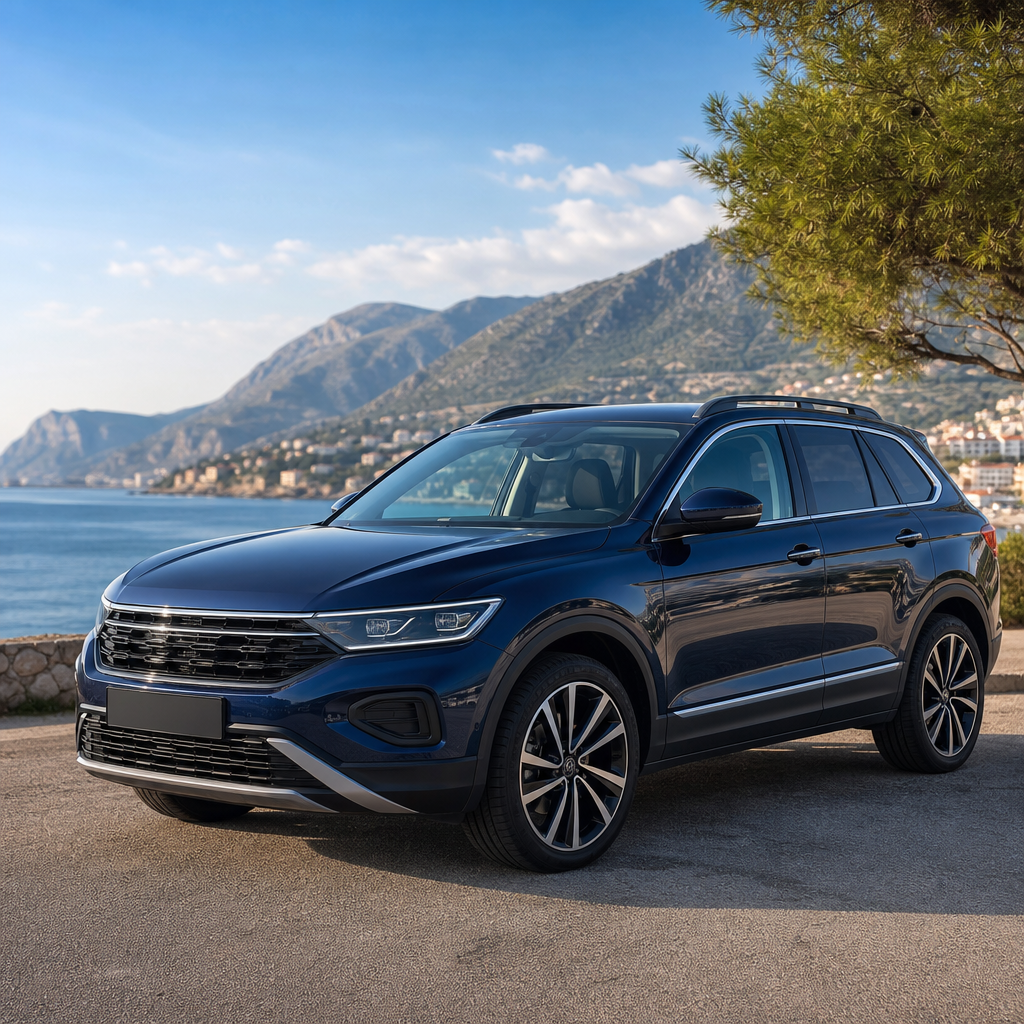 Dark blue midsize SUV with roof rails parked near a scenic coastline