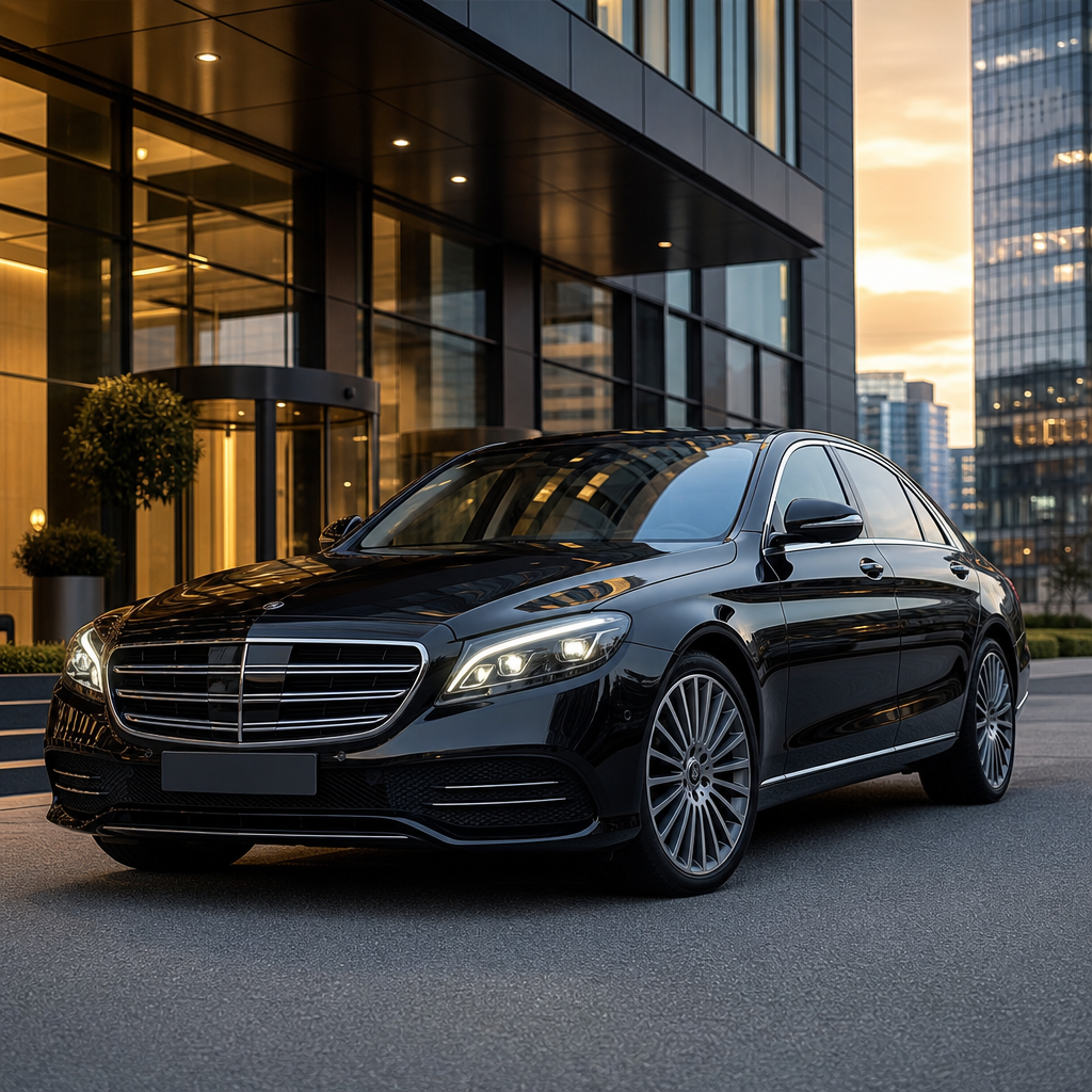 Black premium executive sedan with chrome accents in a modern business district