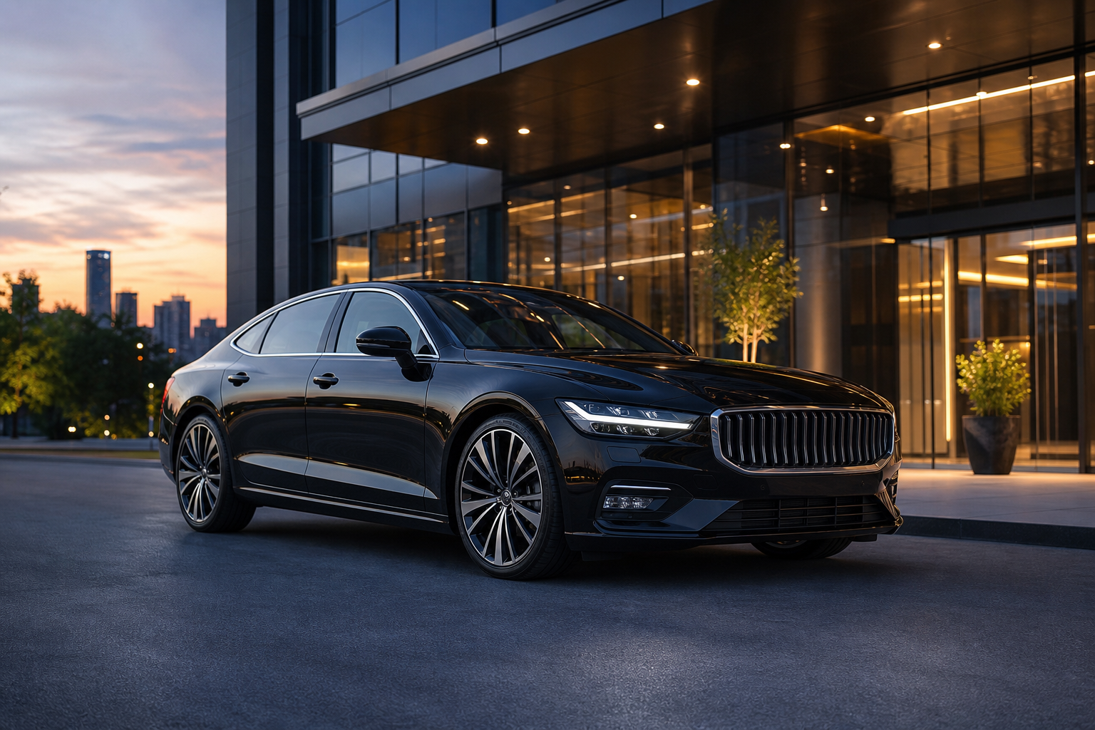Sleek black premium sedan parked in front of a modern glass building at dusk