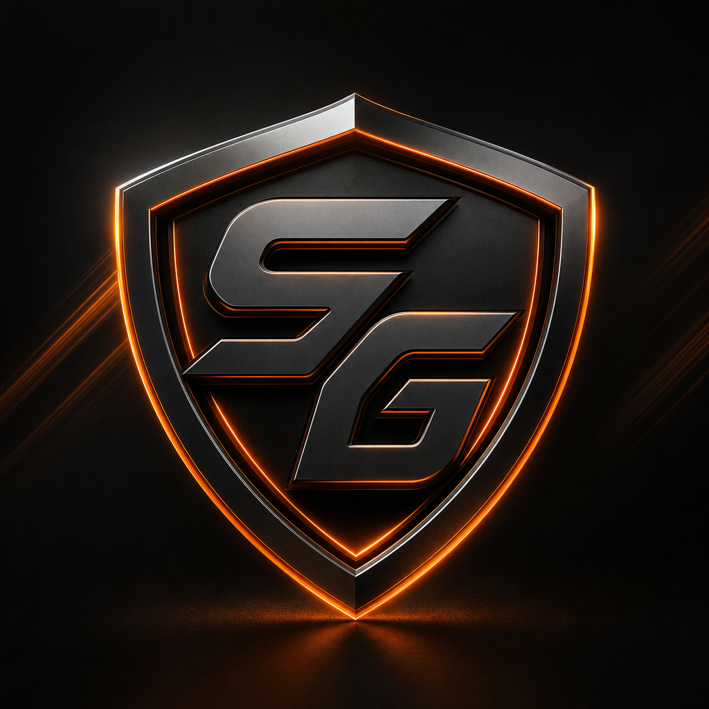 SpeedGuard SG emblem in metallic orange and graphite
