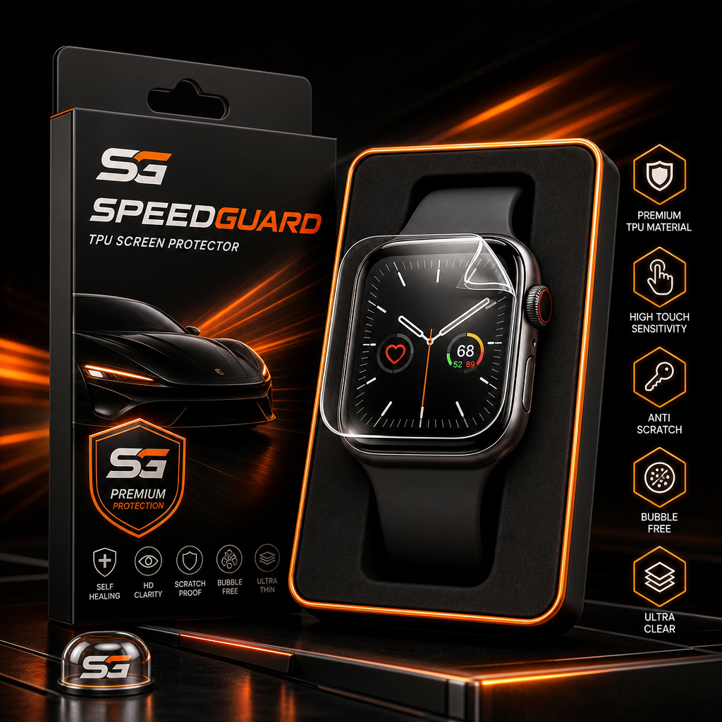 SpeedGuard smartphone hero with edge-to-edge transparent TPU film and a smartwatch TPU film sheet beside it, lit in premium black-orange studio lighting