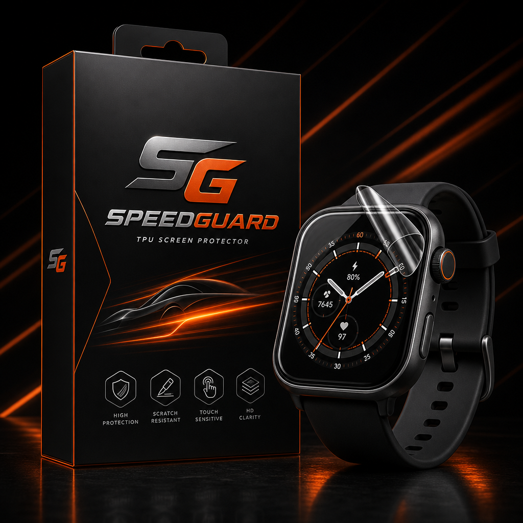 Premium SpeedGuard smartwatch TPU film render with square rounded display and partially lifted protector