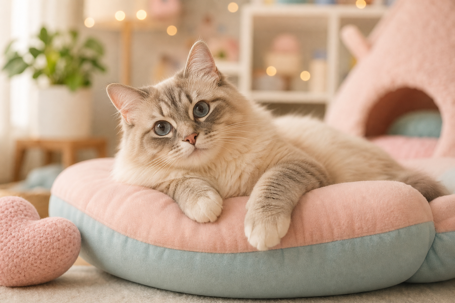 A fluffy cream and gray cat lounging on a pastel cushion with a gentle, friendly expression
