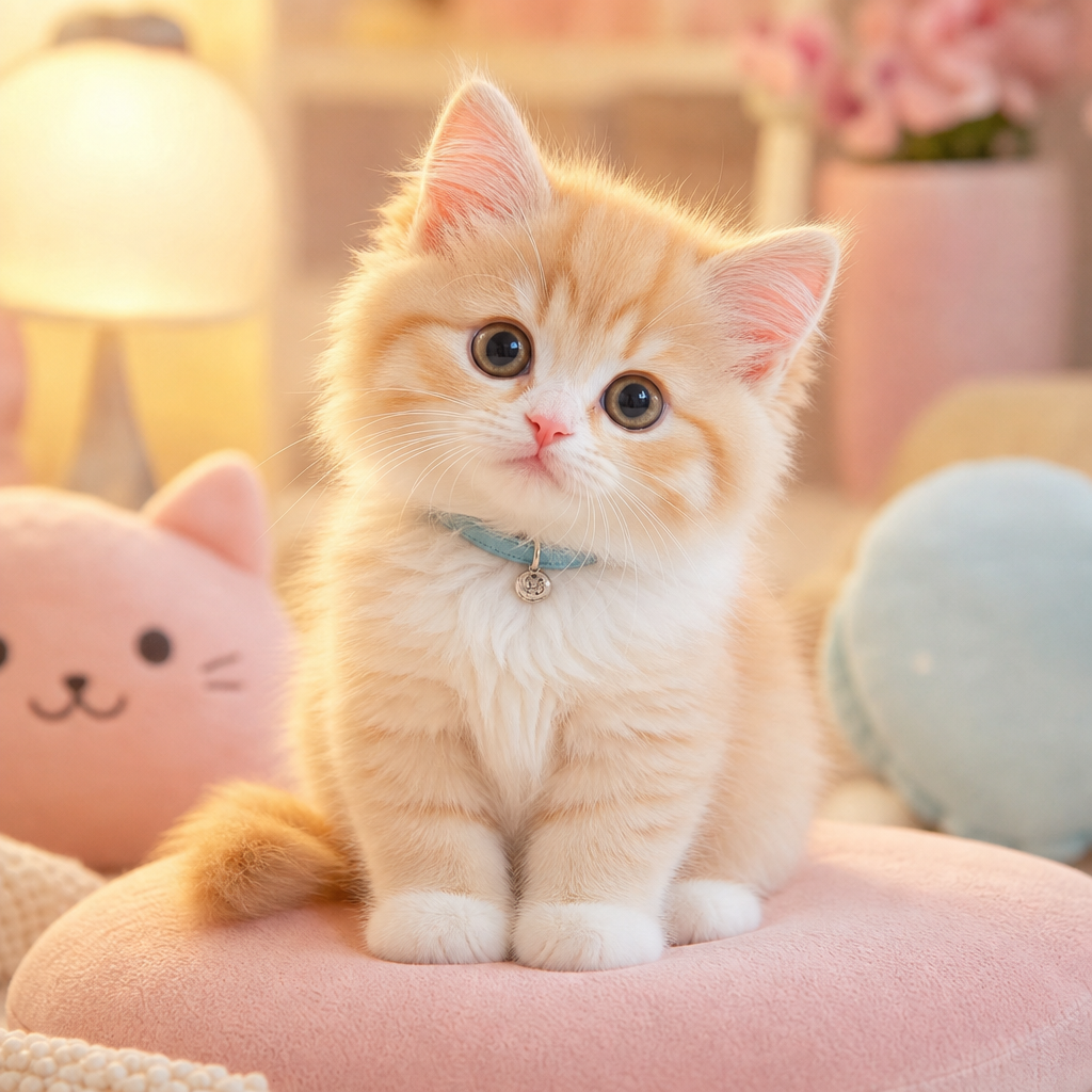 A fluffy cream-and-ginger kitten with big round eyes, a pink nose, and a tiny blue collar, sitting on a pastel cushion