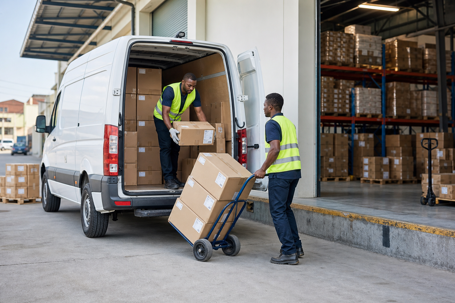 A professional logistics scene showing a delivery van at a Lagos warehouse loading parcels with staff in safety vests