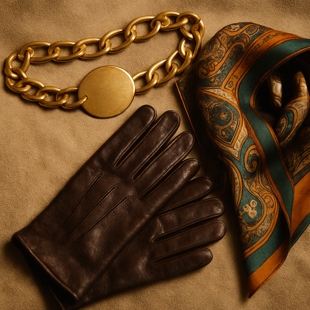 Close-up flat lay of 80s accessories including a gold chain belt, leather gloves, and patterned silk scarf on textured fabric
