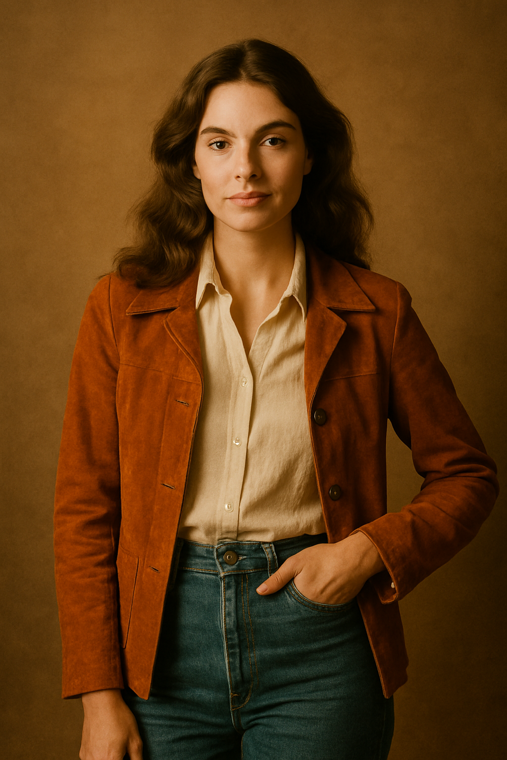 Vintage boutique model wearing a burnt-orange 70s suede jacket and high-waisted denim in warm film lighting
