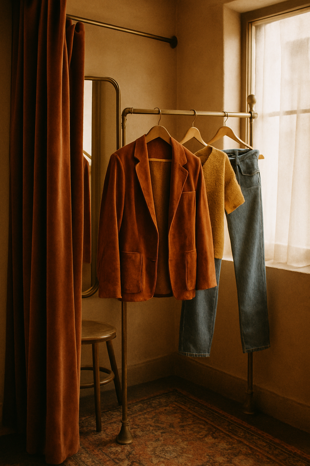 Warm film-style photo of a vintage clothing boutique fitting room with a rust velvet jacket, a mustard knit top, and faded denim hanging on brass racks