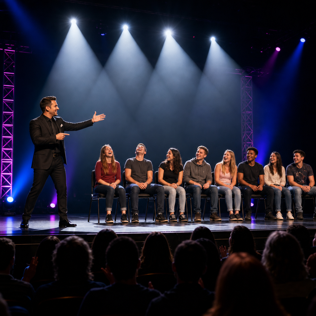 Comdet performing a stage hypnosis show with volunteers on stage under bright spotlights