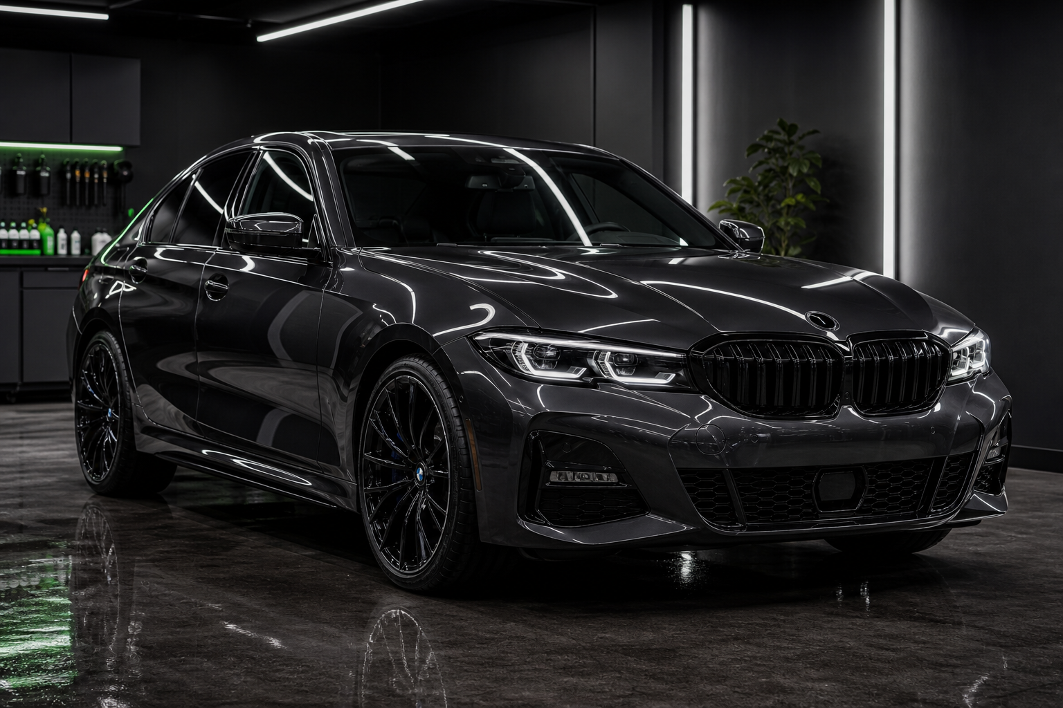 Polished dark premium car with glossy reflections in a detailing studio